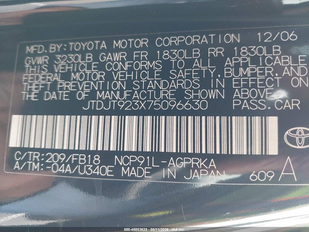 JTDJT923X75096630 2007 TOYOTA YARIS photo no. 9