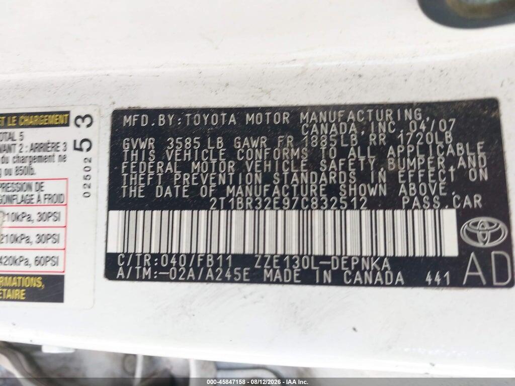 2T1BR32E97C832512 2007 TOYOTA COROLLA photo no. 9