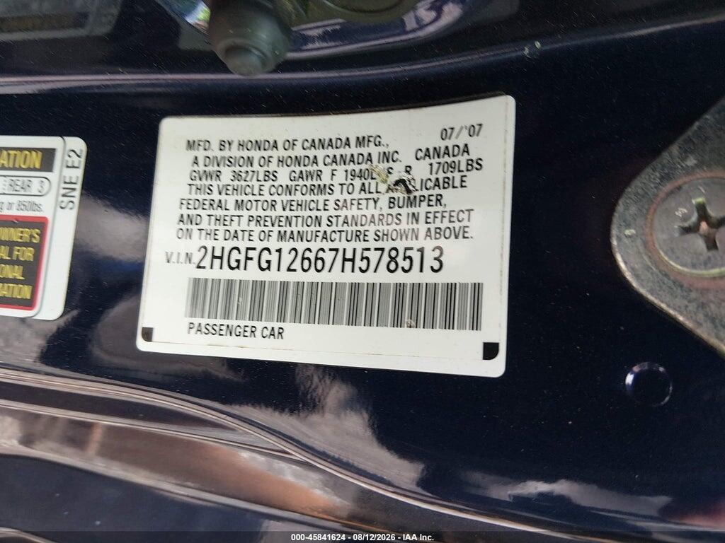2HGFG12667H578513 2007 HONDA CIVIC photo no. 9