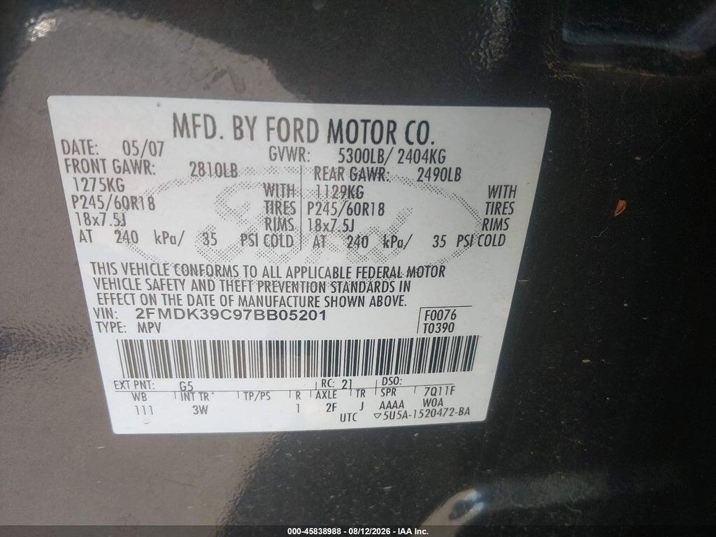 2FMDK39C97BB05201 2007 FORD EDGE photo no. 9