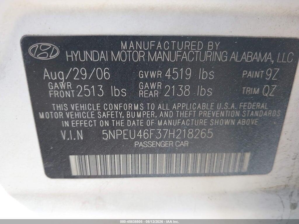 5NPEU46F37H218265 2007 HYUNDAI SONATA photo no. 9