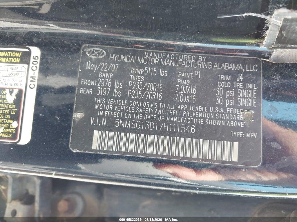 5NMSG13D17H111546 2007 HYUNDAI SANTA FE photo no. 9
