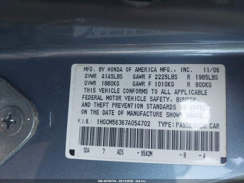 1HGCM56367A054702 2007 HONDA ACCORD photo no. 9