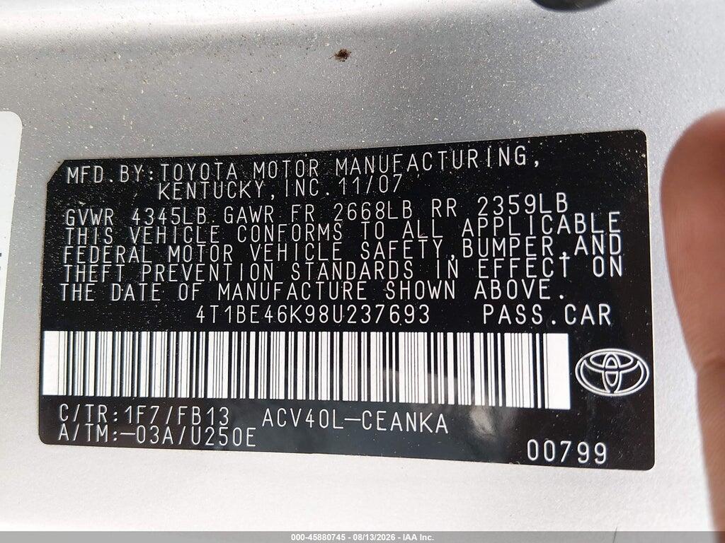 4T1BE46K98U237693 2008 TOYOTA CAMRY photo no. 9