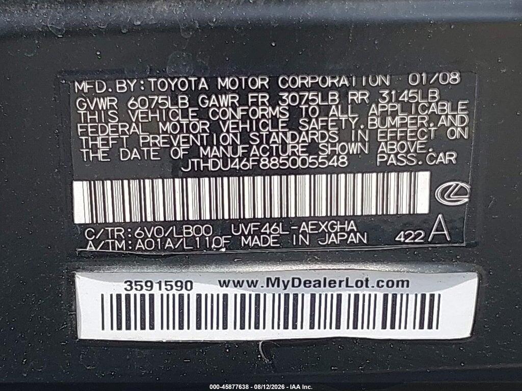 JTHDU46F885005548 2008 LEXUS LS 600H photo no. 9