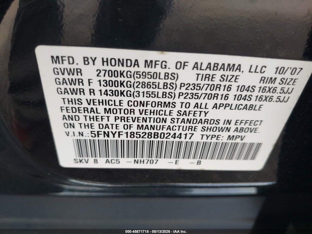 5FNYF18528B024417 2008 HONDA PILOT photo no. 9