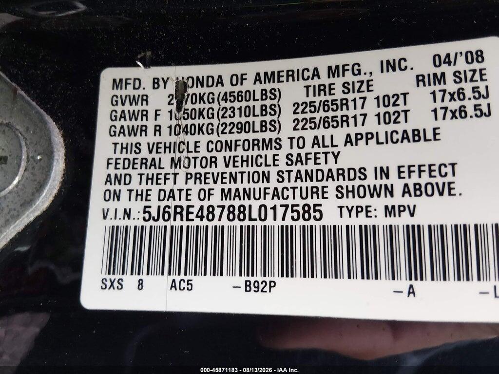 5J6RE48788L017585 2008 HONDA CR-V photo no. 9