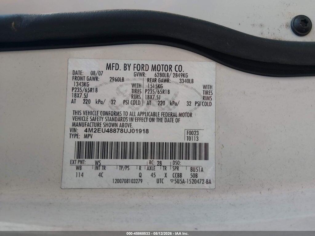 4M2EU48878UJ01918 2008 MERCURY MOUNTAINEER photo no. 9