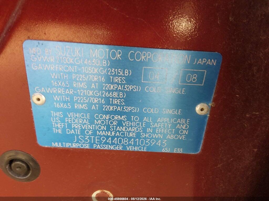 JS3TE944084103943 2008 SUZUKI GRAND VITARA photo no. 9