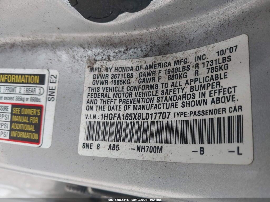 1HGFA165X8L017707 2008 HONDA CIVIC photo no. 9