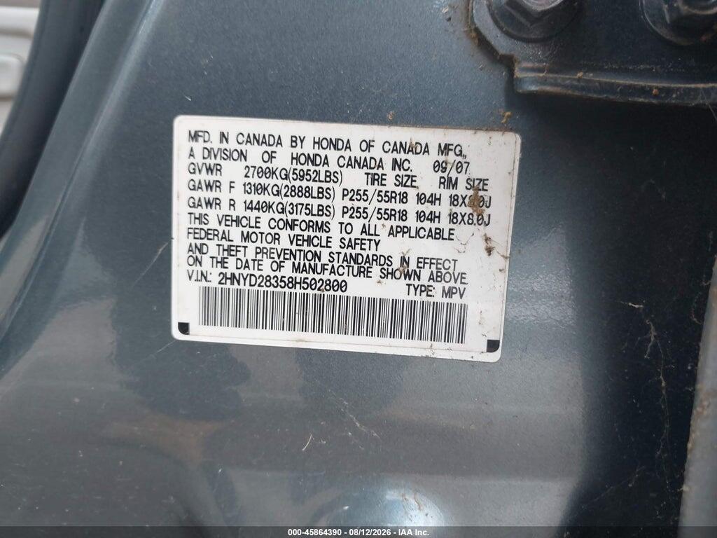 2HNYD28358H502800 2008 ACURA MDX photo no. 9