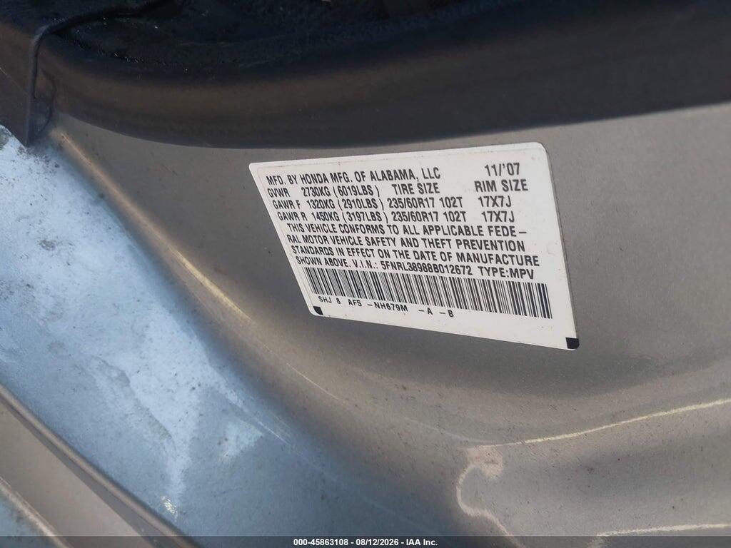 5FNRL38988B012672 2008 HONDA ODYSSEY photo no. 9