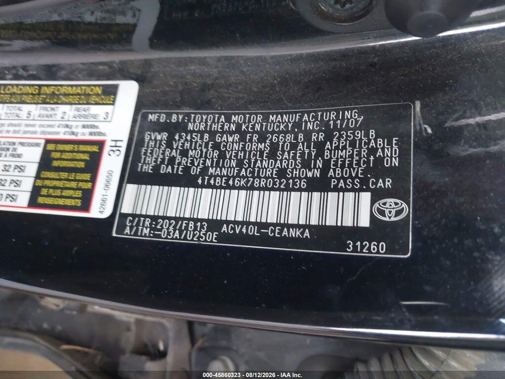 4T4BE46K78R032136 2008 TOYOTA CAMRY photo no. 9