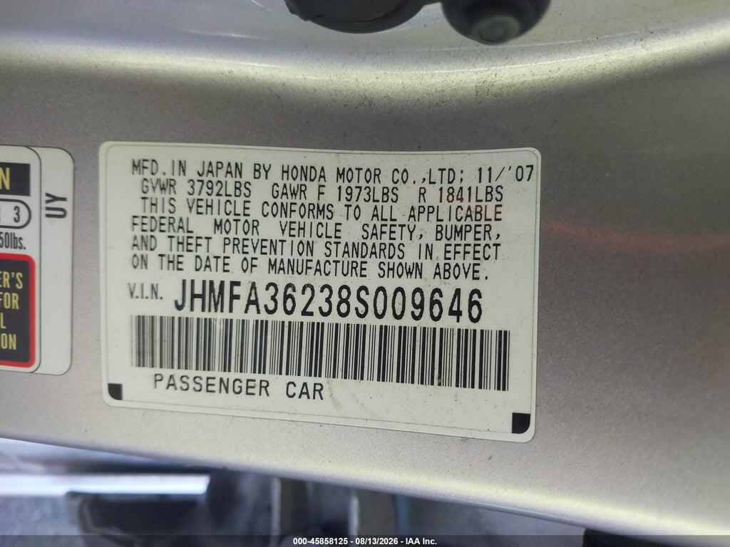 JHMFA36238S009646 2008 HONDA CIVIC HYBRID photo no. 9