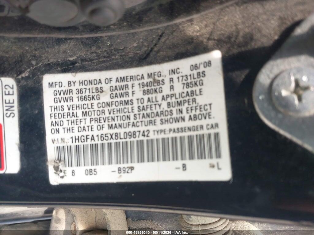 1HGFA165X8L098742 2008 HONDA CIVIC photo no. 9
