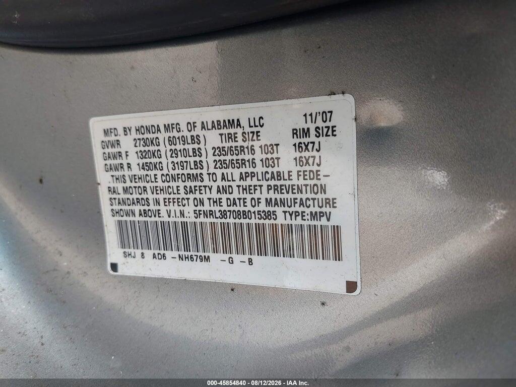 5FNRL38708B015385 2008 HONDA ODYSSEY photo no. 9
