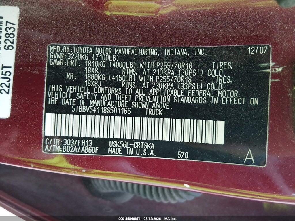 5TBBV54118S501166 2008 TOYOTA TUNDRA photo no. 9