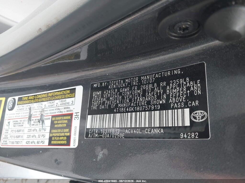 4T1BE46K18U757919 2008 TOYOTA CAMRY photo no. 9