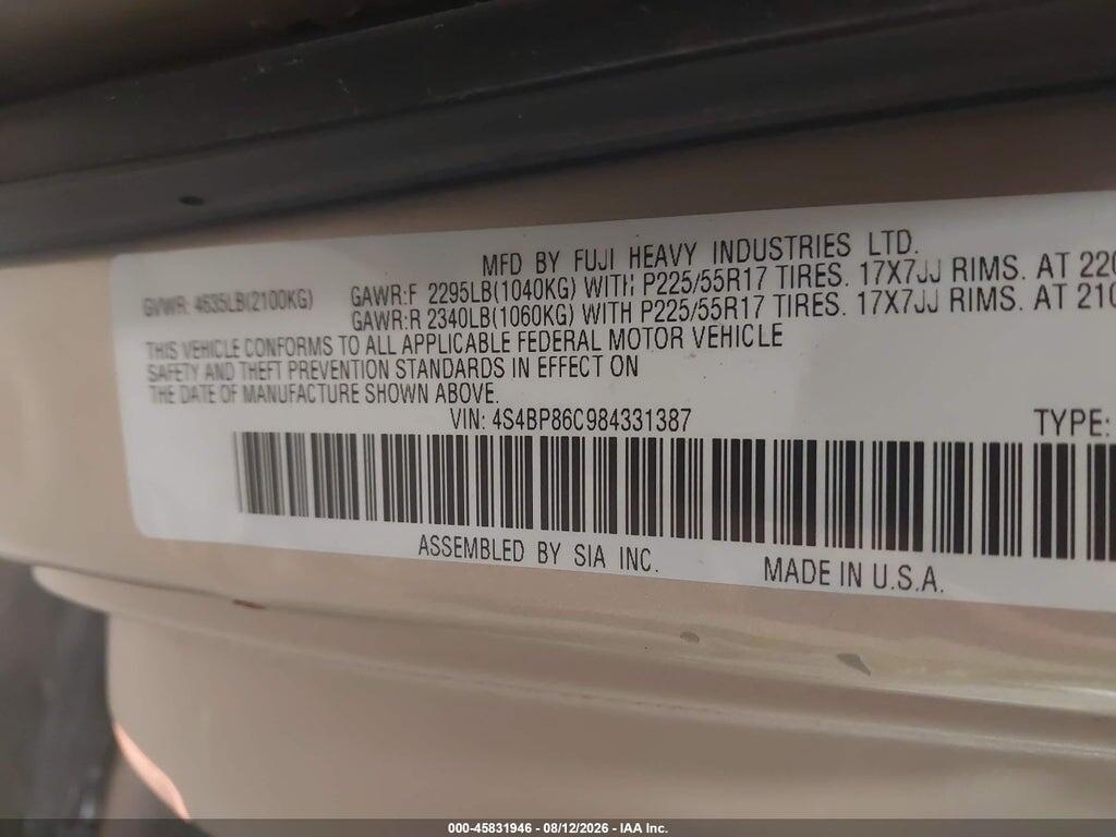 4S4BP86C984331387 2008 SUBARU OUTBACK photo no. 9