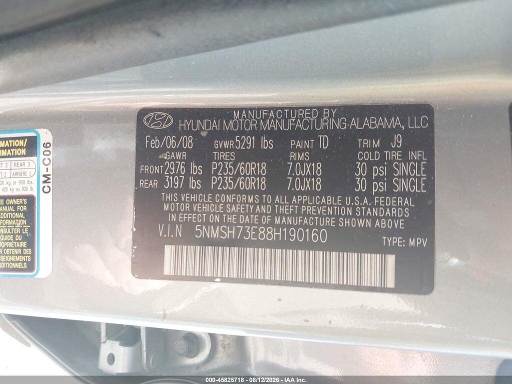 5NMSH73E88H190160 2008 HYUNDAI SANTA FE photo no. 9