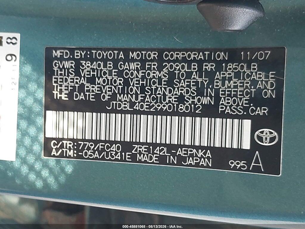 JTDBL40E299018012 2009 TOYOTA COROLLA photo no. 9