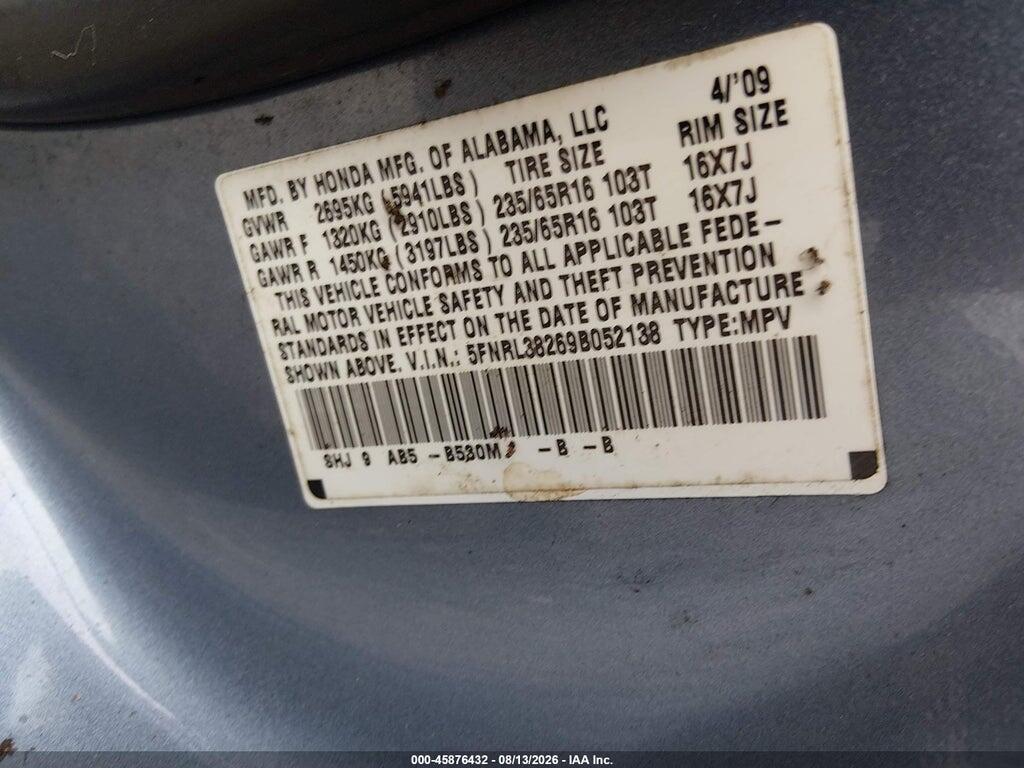 5FNRL38269B052138 2009 HONDA ODYSSEY photo no. 9