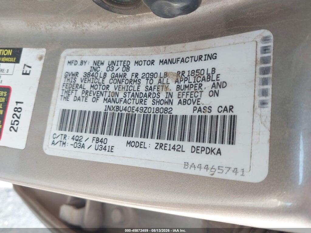 1NXBU40E49Z018082 2009 TOYOTA COROLLA photo no. 9