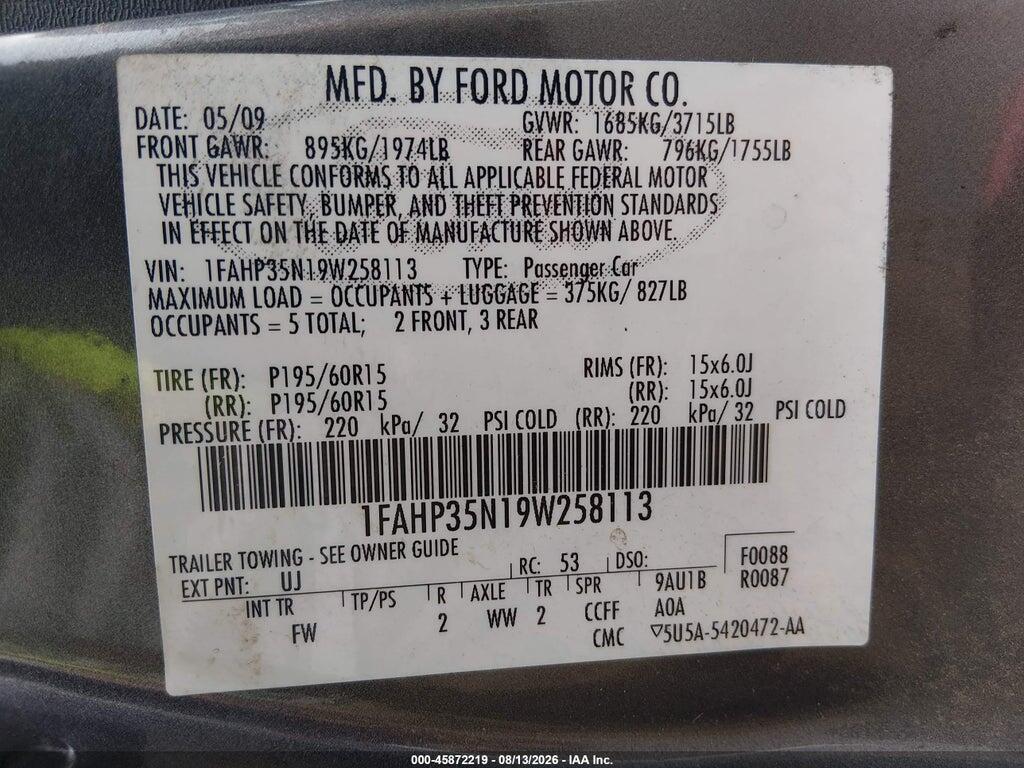1FAHP35N19W258113 2009 FORD FOCUS photo no. 9