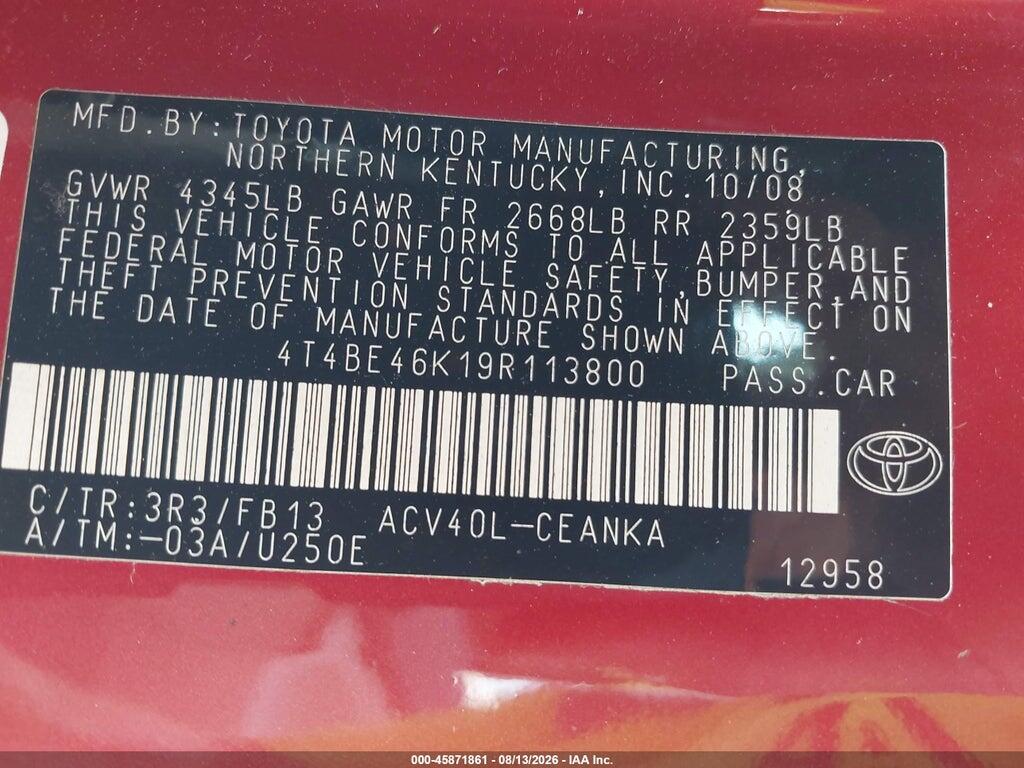 4T4BE46K19R113800 2009 TOYOTA CAMRY photo no. 9