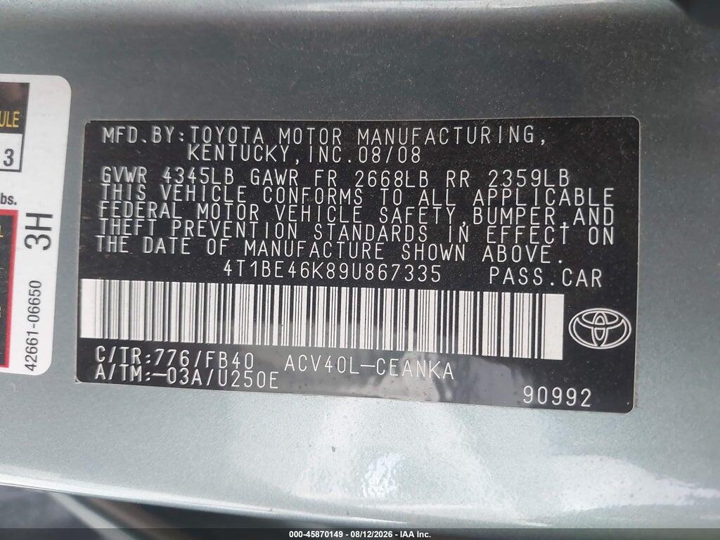 4T1BE46K89U867335 2009 TOYOTA CAMRY photo no. 9