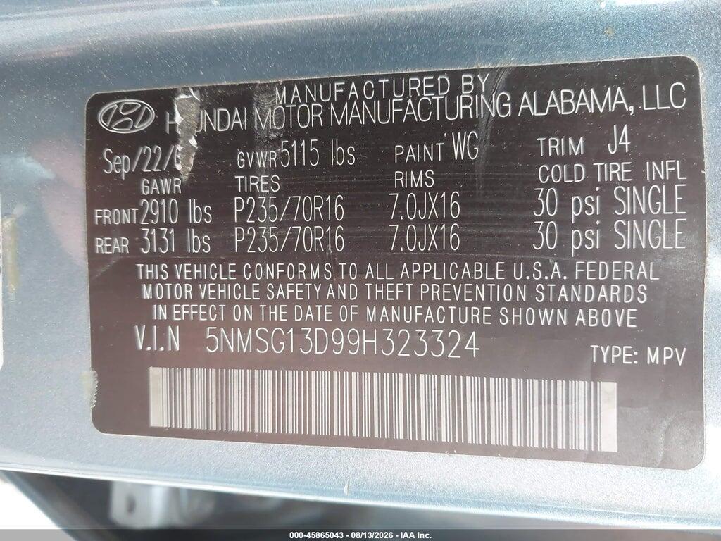 5NMSG13D99H323324 2009 HYUNDAI SANTA FE photo no. 9