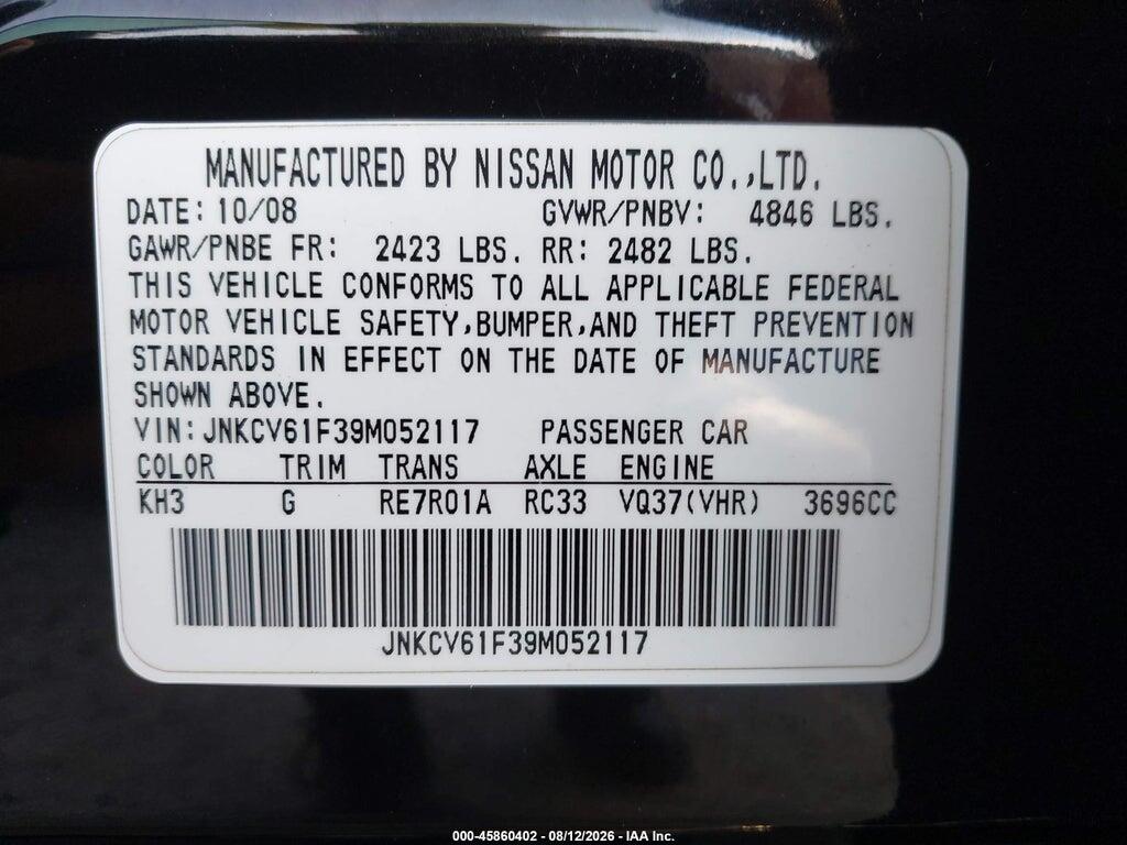 JNKCV61F39M052117 2009 INFINITI G37X photo no. 9