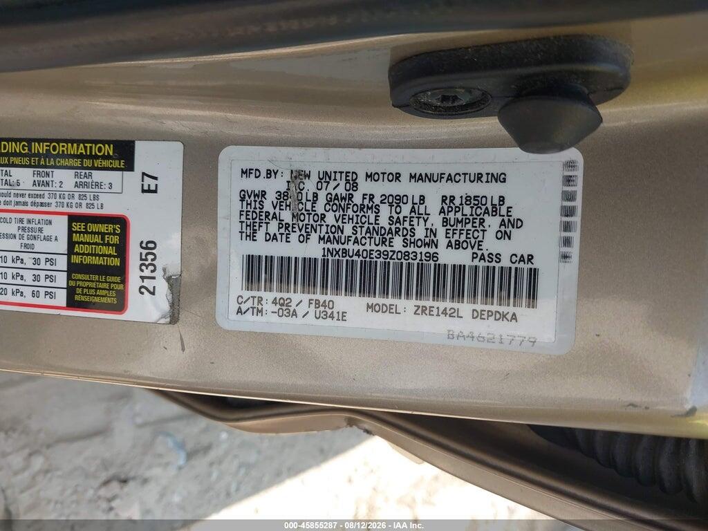 1NXBU40E39Z083196 2009 TOYOTA COROLLA photo no. 9