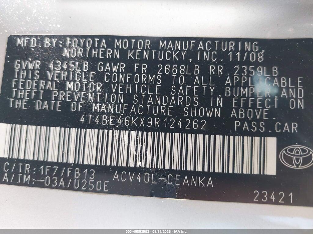 4T4BE46KX9R124262 2009 TOYOTA CAMRY photo no. 9
