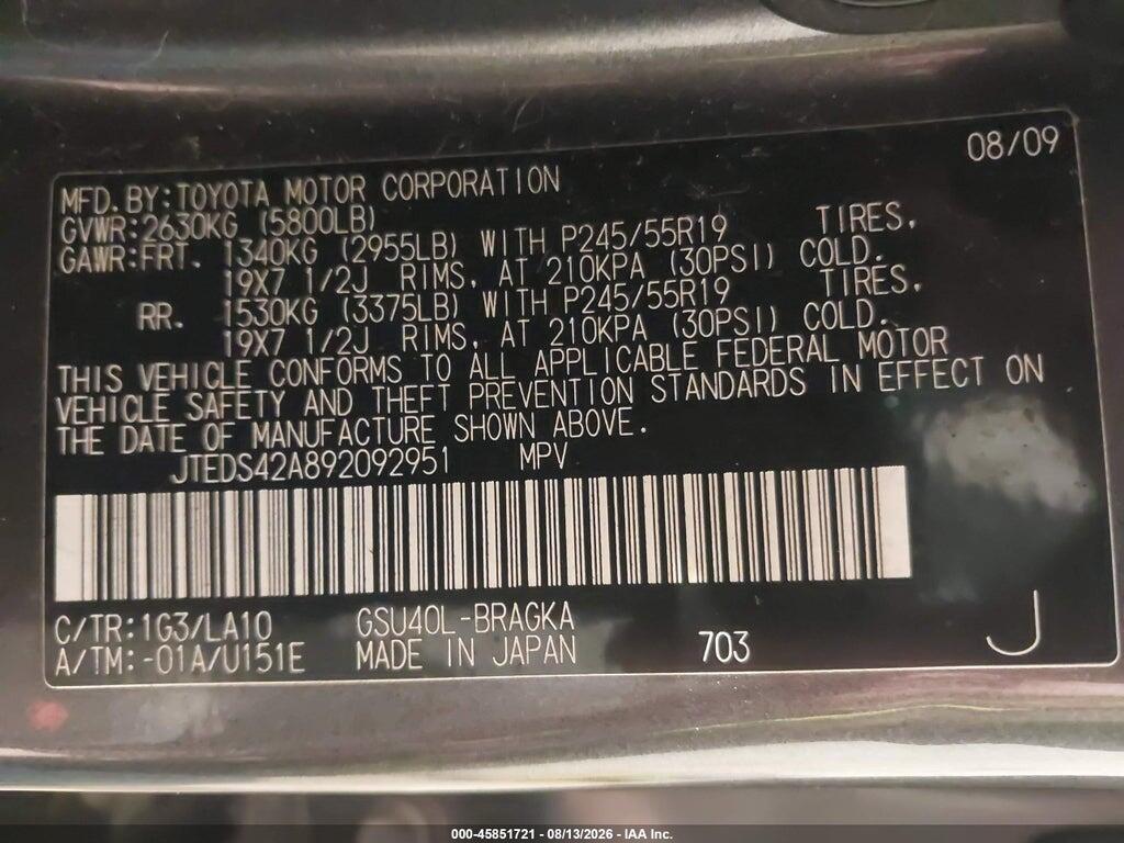 JTEDS42A892092951 2009 TOYOTA HIGHLANDER photo no. 9