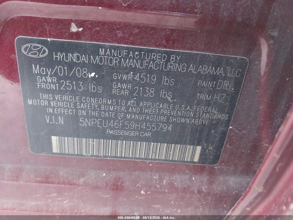 5NPEU46F59H455794 2009 HYUNDAI SONATA photo no. 9