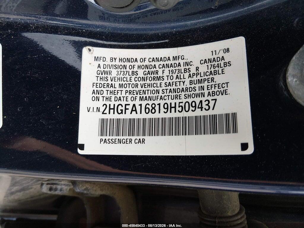 2HGFA16819H509437 2009 HONDA CIVIC photo no. 9