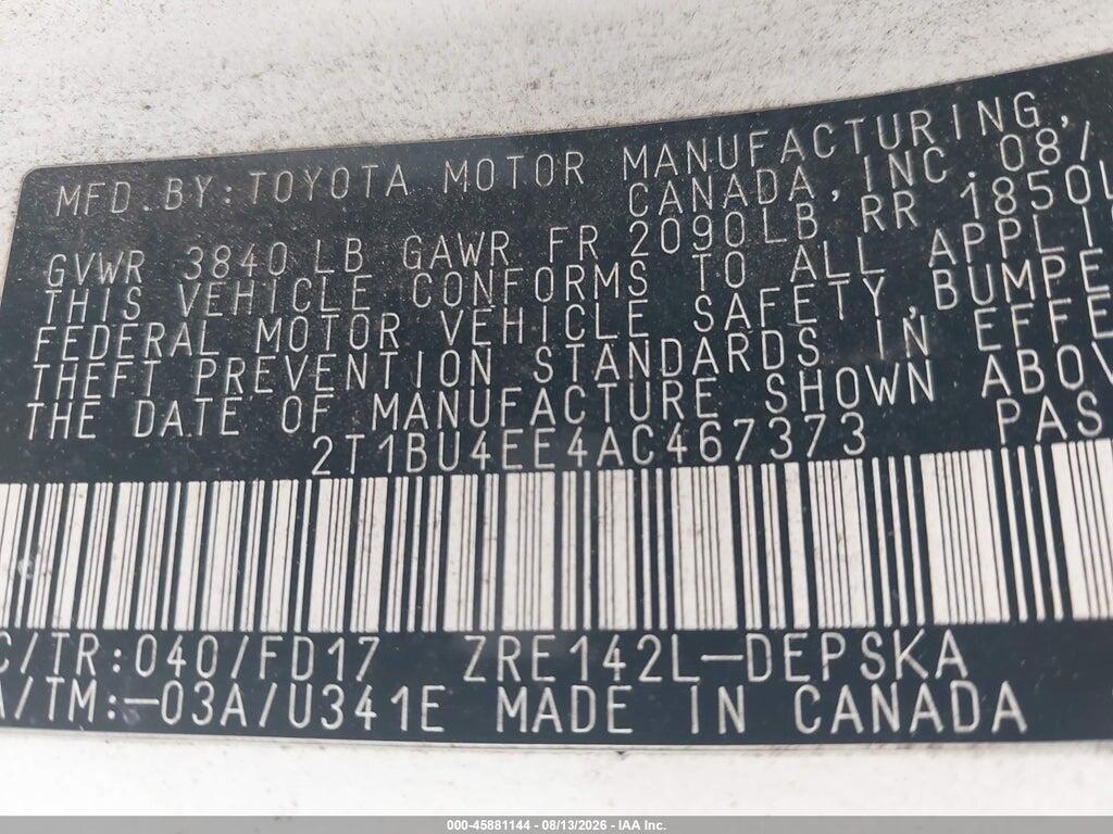 2T1BU4EE4AC467373 2010 TOYOTA COROLLA photo no. 9