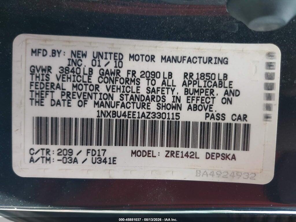 1NXBU4EE1AZ330115 2010 TOYOTA COROLLA photo no. 9