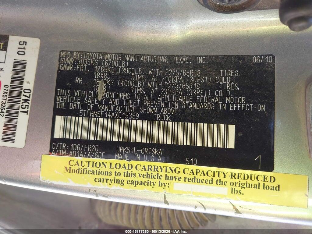 5TFRM5F14AX019359 2010 TOYOTA TUNDRA photo no. 9