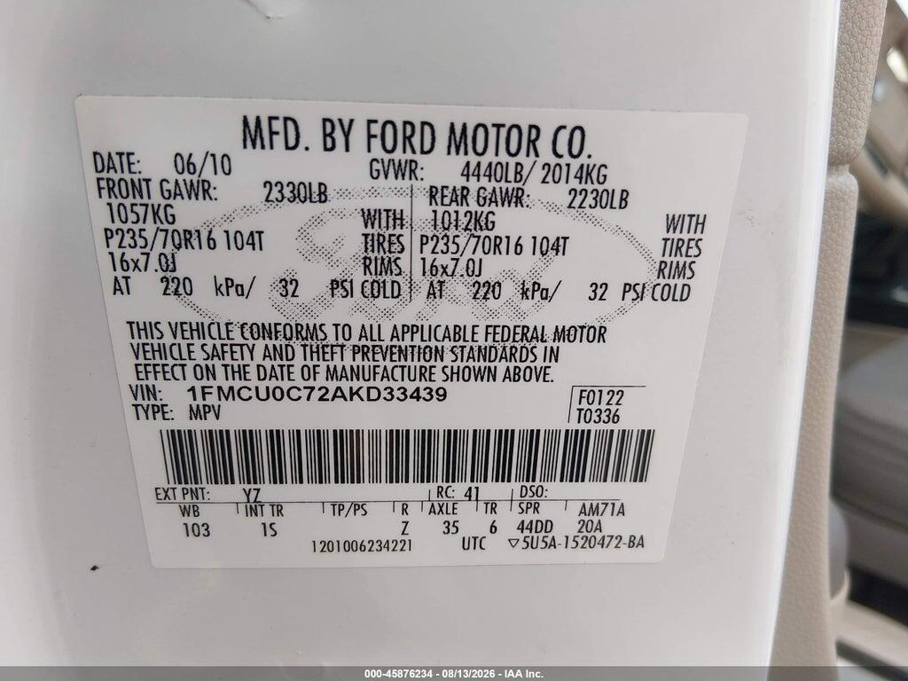 1FMCU0C72AKD33439 2010 FORD ESCAPE photo no. 9