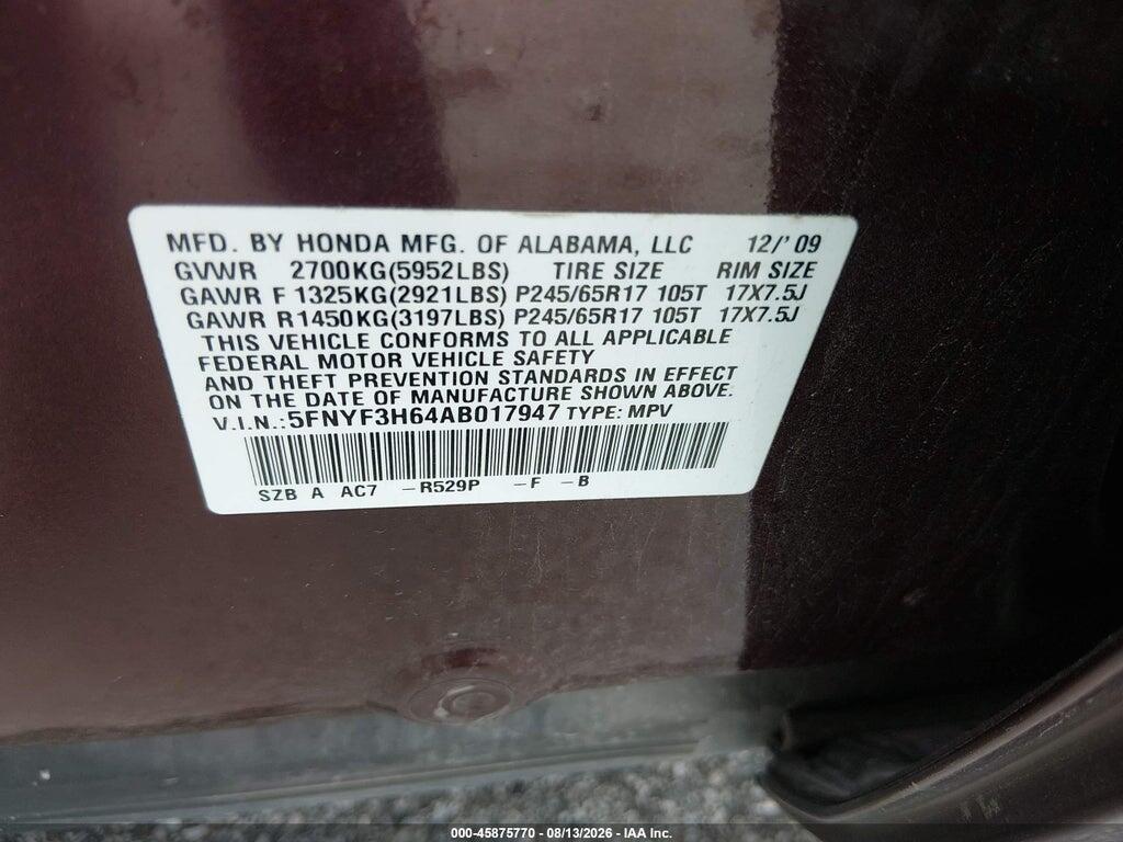 5FNYF3H64AB017947 2010 HONDA PILOT photo no. 9