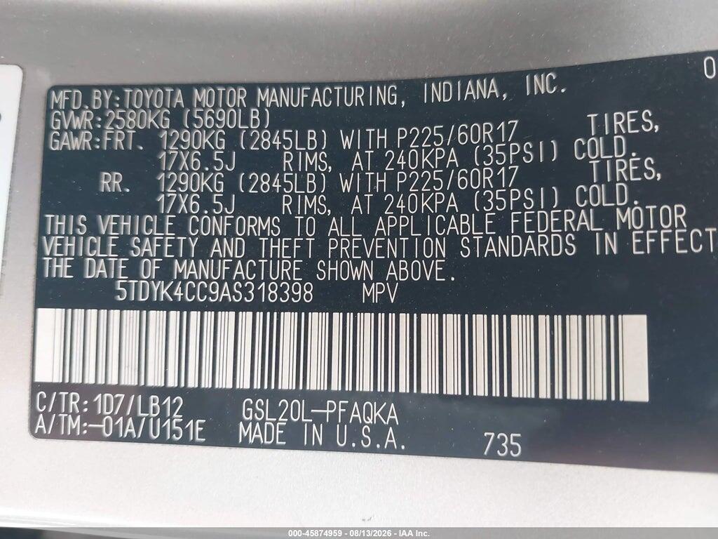 5TDYK4CC9AS318398 2010 TOYOTA SIENNA photo no. 9