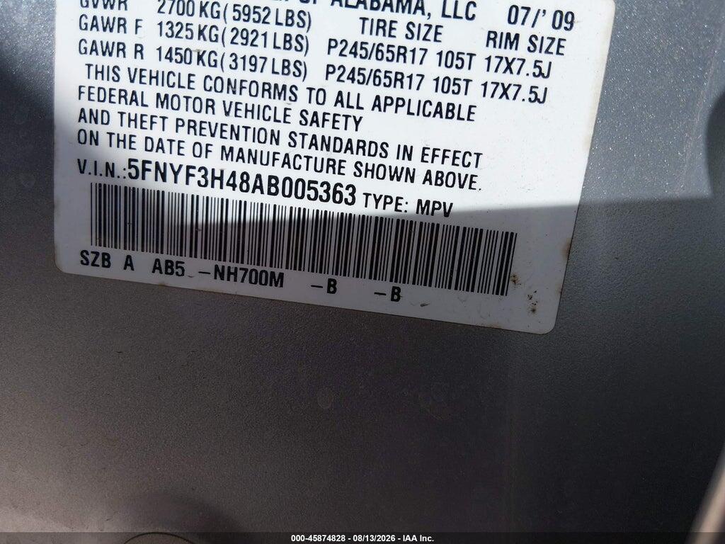 5FNYF3H48AB005363 2010 HONDA PILOT photo no. 9