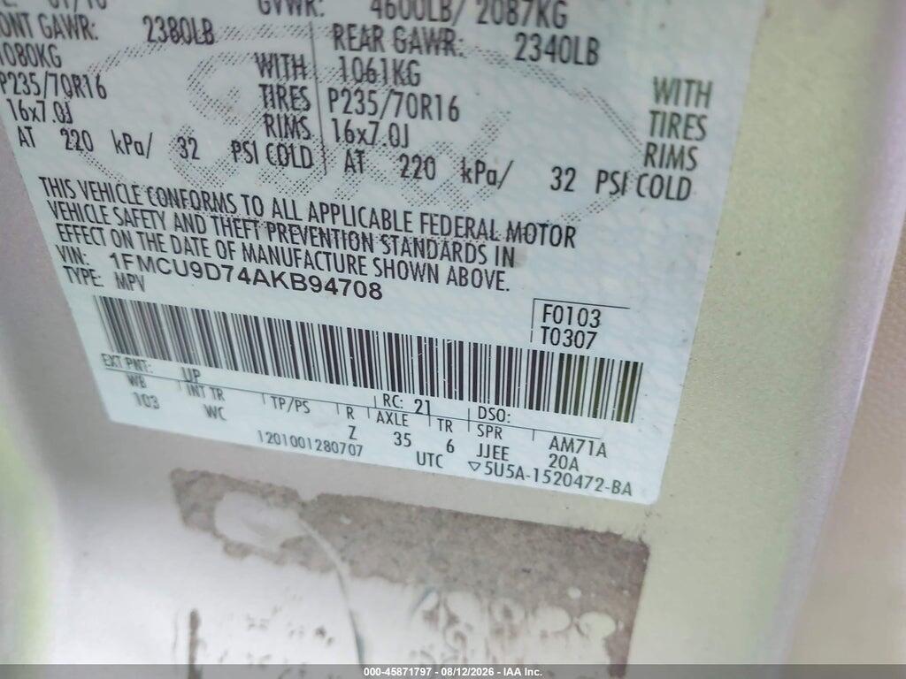 1FMCU9D74AKB94708 2010 FORD ESCAPE photo no. 9