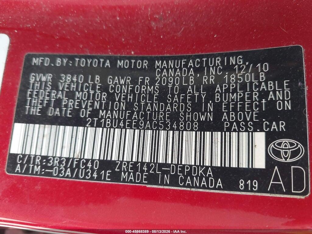 2T1BU4EE9AC534808 2010 TOYOTA COROLLA photo no. 9