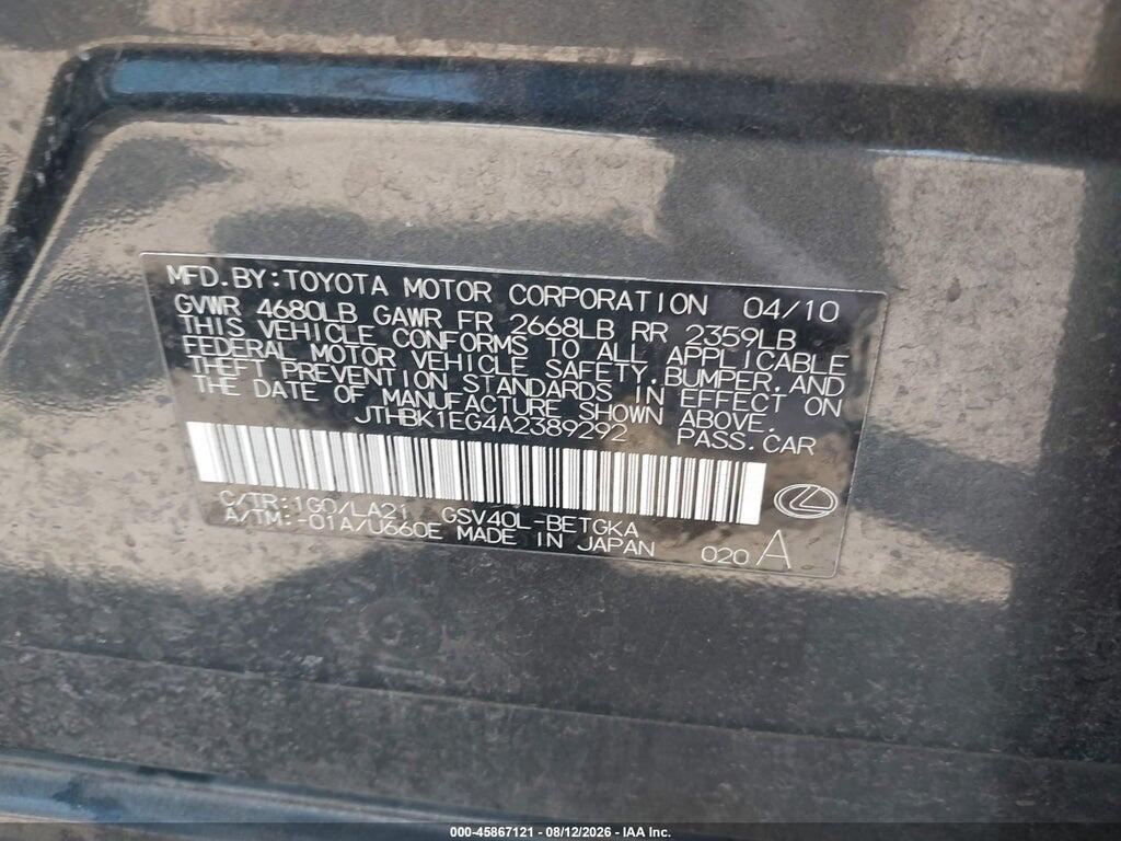 JTHBK1EG4A2389292 2010 LEXUS ES 350 photo no. 9