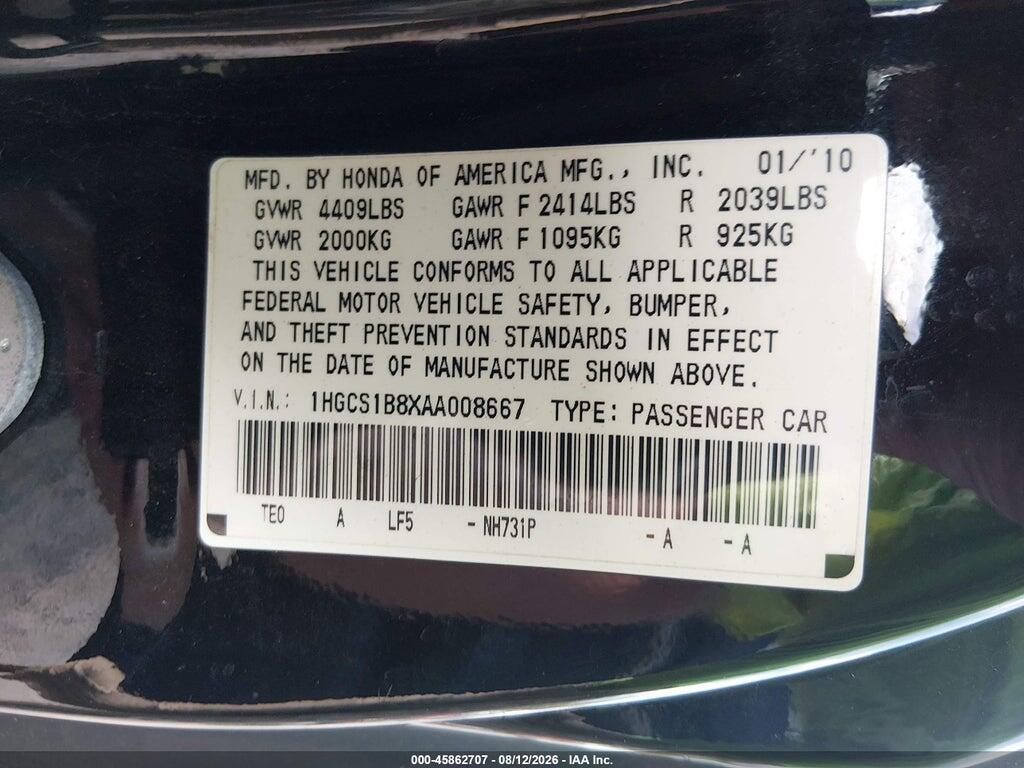 1HGCS1B8XAA008667 2010 HONDA ACCORD photo no. 9