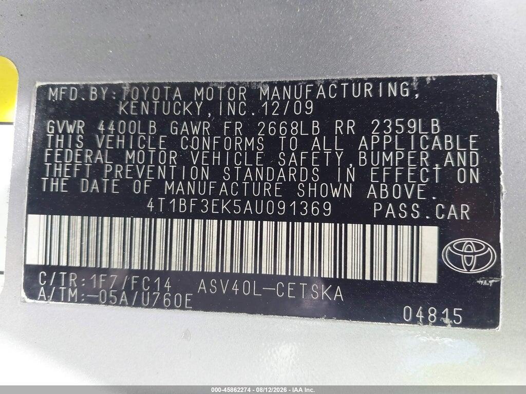 4T1BF3EK5AU091369 2010 TOYOTA CAMRY photo no. 9