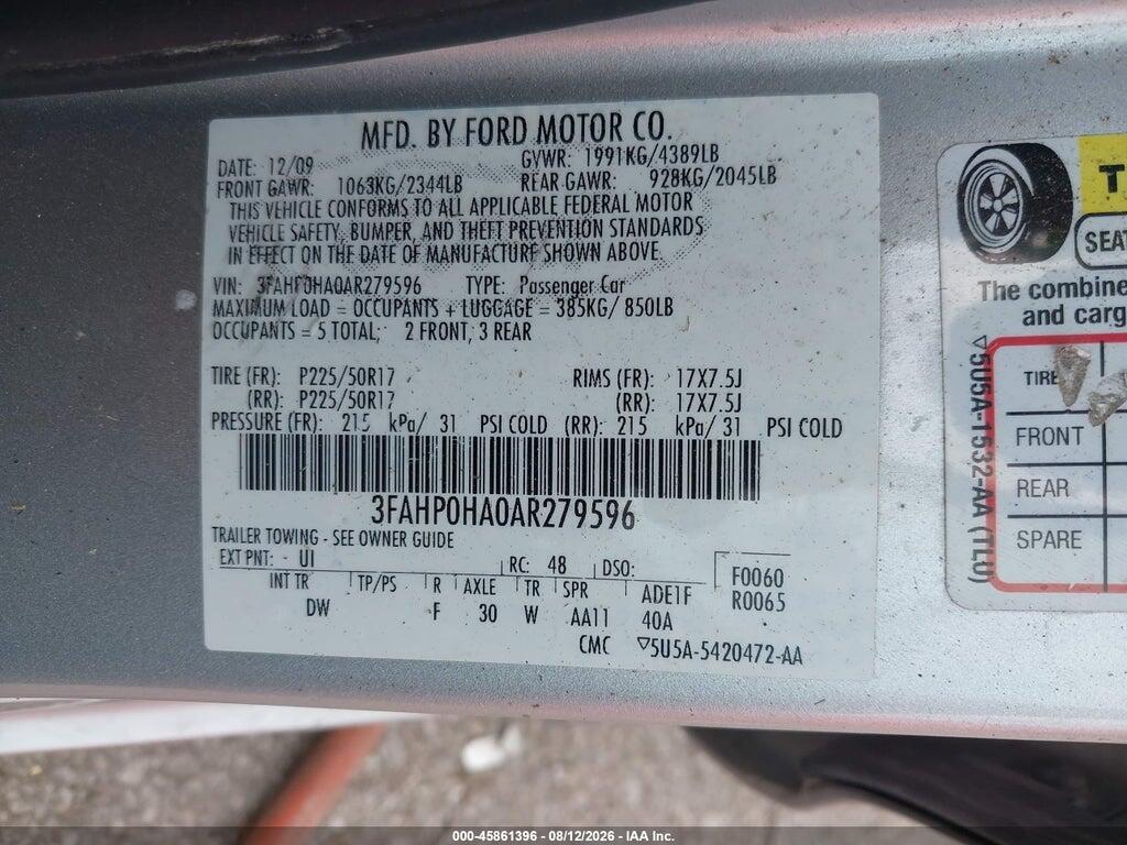 3FAHP0HA0AR279596 2010 FORD FUSION photo no. 9